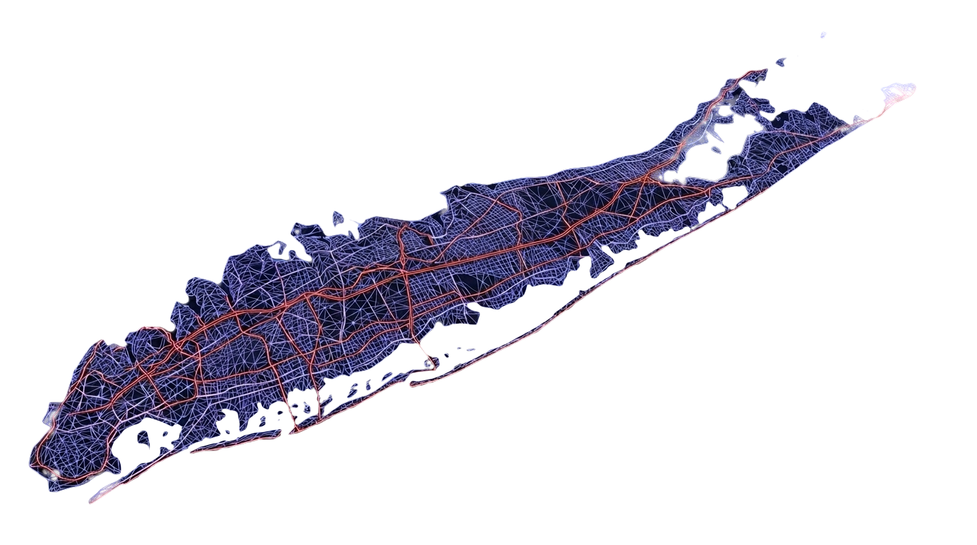 Long Island street network in navy with red highways