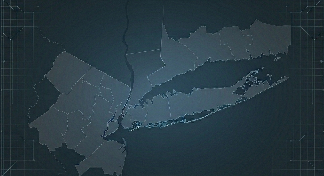 Stylized regional map showing Long Island, New York City, Connecticut, the lower Hudson Valley, and New Jersey